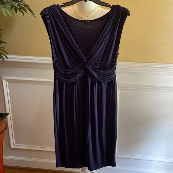 Soprano Dress Size 8 Navy Blue Soft Synthetic Like Jersey Sleeveless Low V Front - Picture 4 of 7